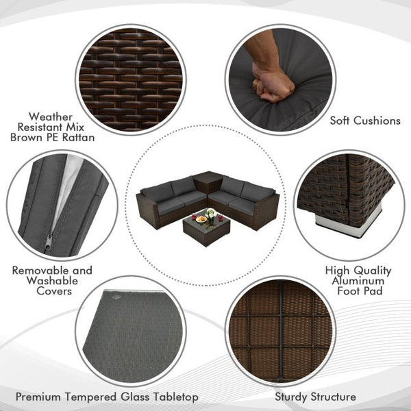 4pc Patio Rattan Furniture Set with Storage Box - Brown