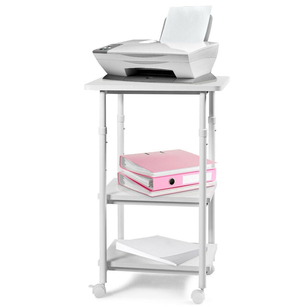 3-tier Adjustable Printer Stand with 360-degree Swivel Casters - White