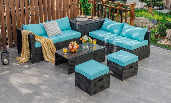 8pc Patio Rattan Storage Table Furniture Set - Turquoise