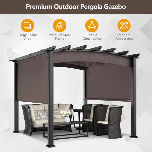 10 x 10ft Patio Pergola Gazebo with Retractable Canopy - Brown