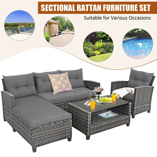 4Pc Patio Rattan Furniture Set - Grey