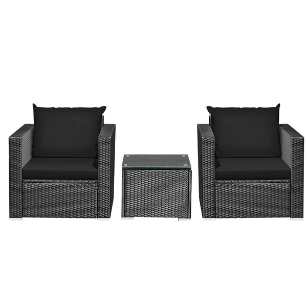 3pc Wicker Rattan Patio Conversation Set with Cushion - Black