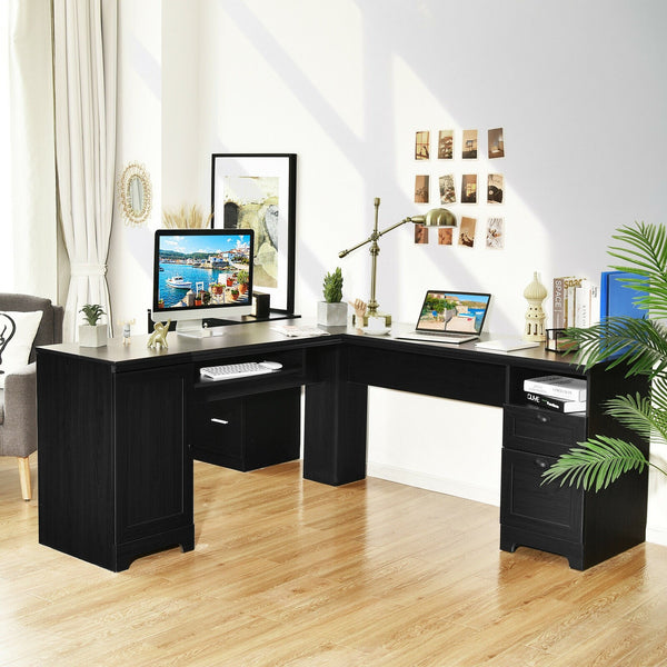 L Shaped Computer Writing Desk with Drawers - Black