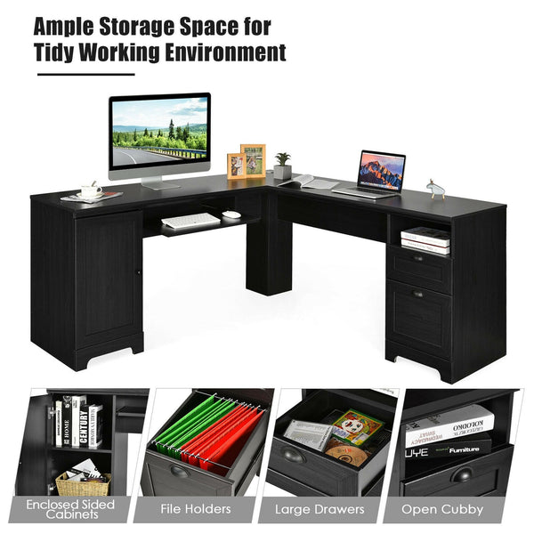 L Shaped Computer Writing Desk with Drawers - Black