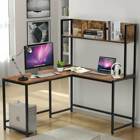 L-Shaped Computer Writing Desk with Bookshelf - Brown
