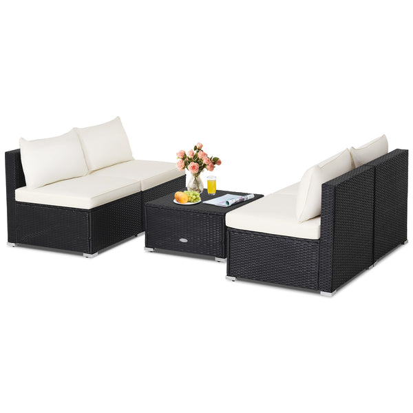 5 Pc Outdoor Patio Furniture Set with Cushions and Coffee Table- Off white