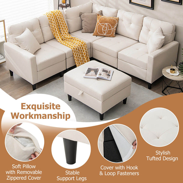 L-shaped Sectional Corner Sofa with Ottoman - Beige