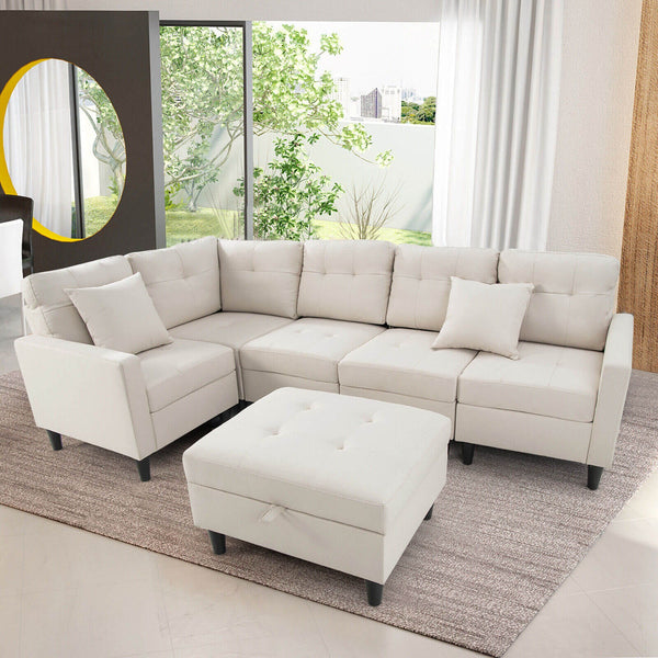 L-shaped Sectional Corner Sofa with Ottoman - Beige