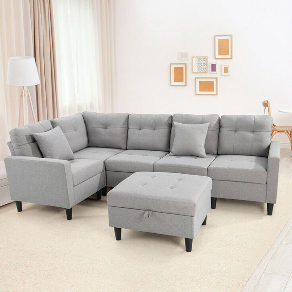 L-shaped Sectional Corner Sofa with Ottoman - Gray