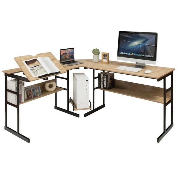 L-Shaped Computer Desk with Tiltable Tabletop - Natural