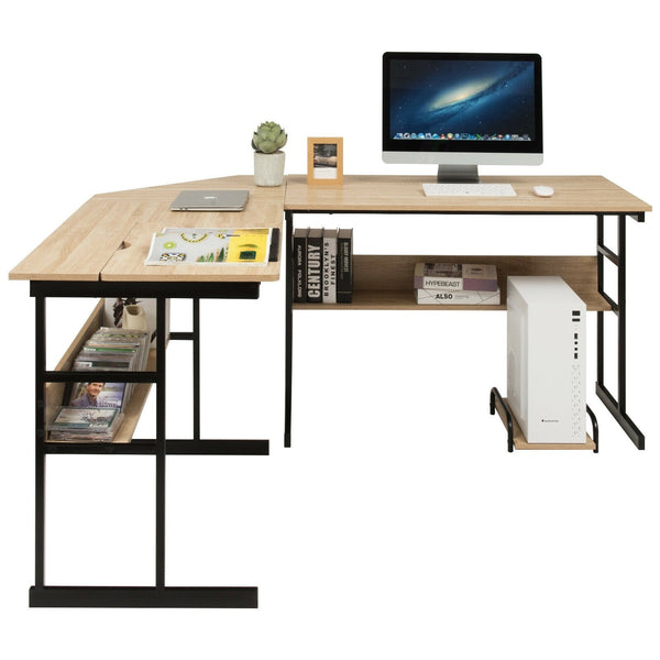 L-Shaped Computer Desk with Tiltable Tabletop - Natural