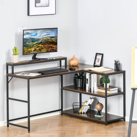 L-Shaped Computer Writing Desk with Storage Shelf - Rustic Brown