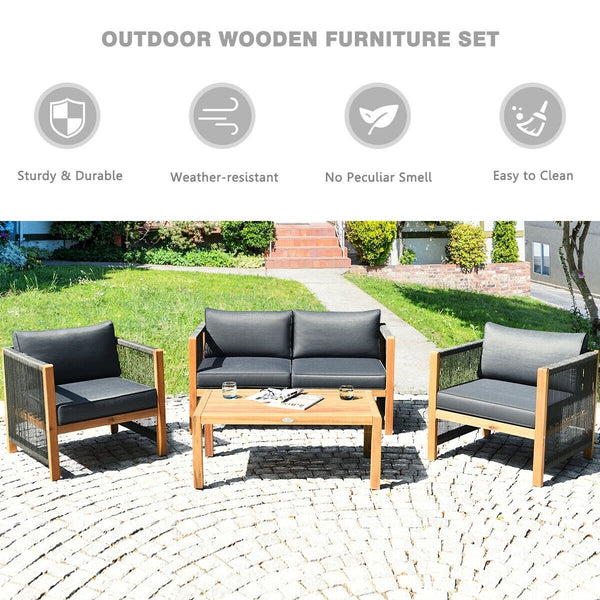 4pc Acacia Wood Outdoor Patio Furniture Set with Cushions - Gray