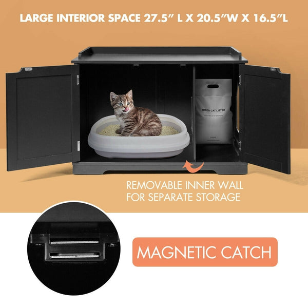 Cat Litter Box Enclosure with Double Doors - Black