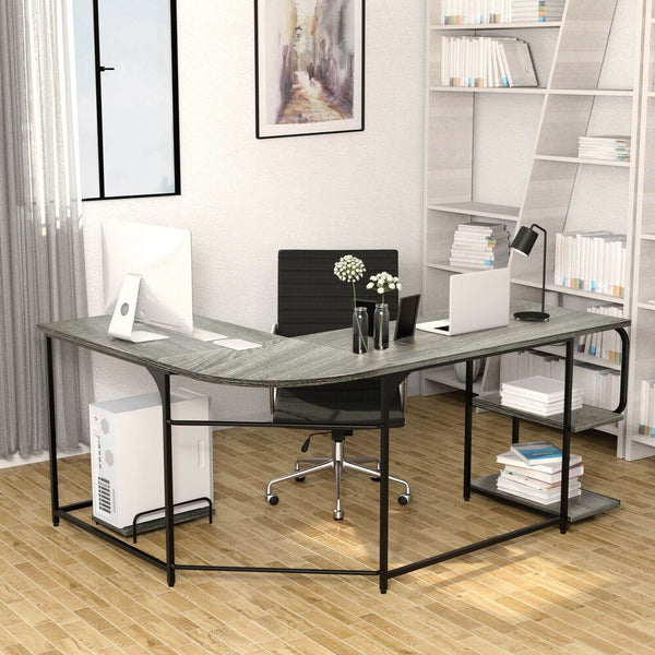 Reversible L Shaped Computer Writing Desk with Shelves - Gray