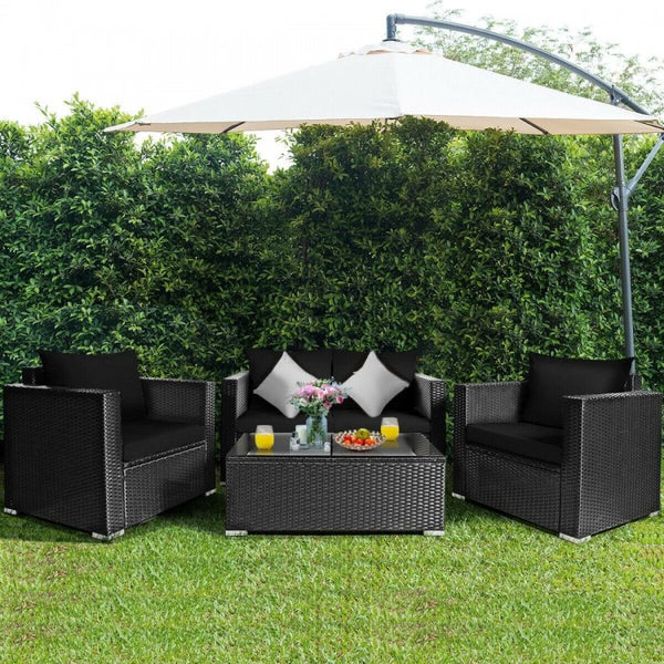 4pc Outdoor Wicker Rattan Cushioned Furniture Set - Black