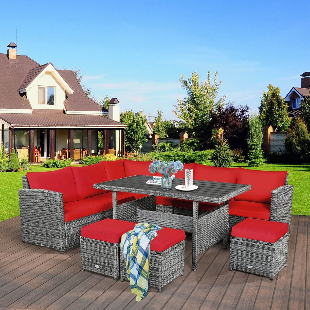 7pc Wicker Rattan Sectional Dining Set with Ottomans - Red