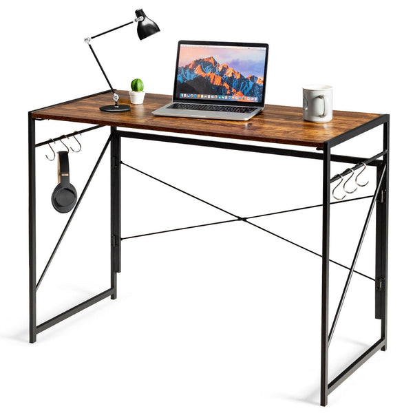 Folding Computer Writing Desk with Hooks - Rustic Brown