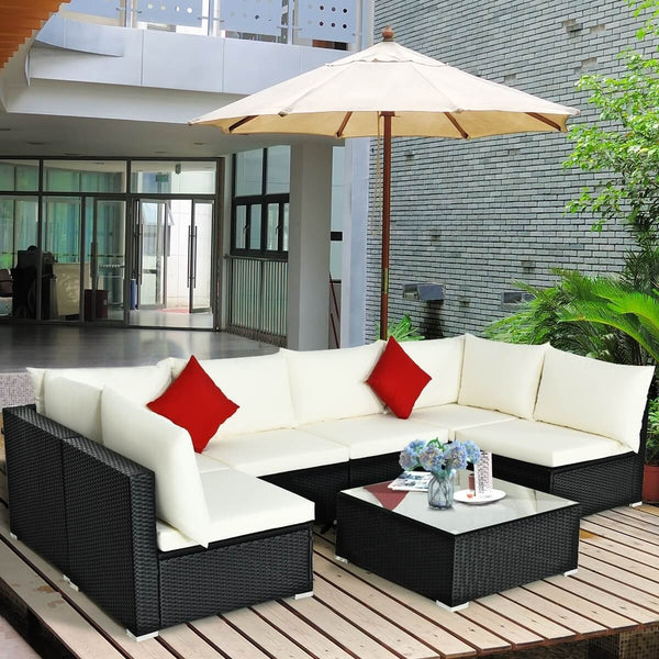 7pc Wicker Rattan Sectional Sofa Set with Cushions - White