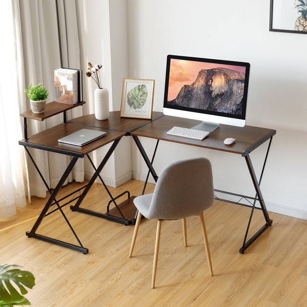 L-Shaped Computer Gaming Desk with Monitor Stand - Walnut