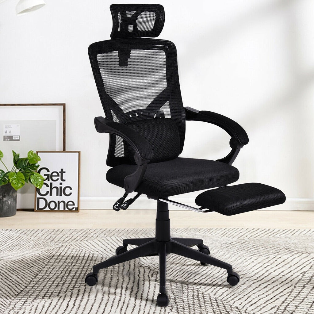 High Back Office Recliner Chair with Adjustable Headrest and Footrest - Black