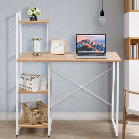 Computer Writing Desk with 4 Tier Shelf - Natural
