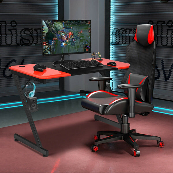 Computer Gaming Desk with Carbon Fiber Tabletop - Red and Black