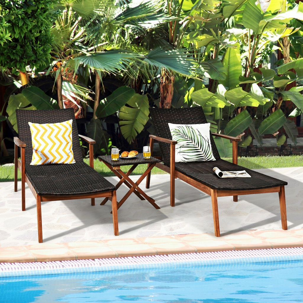 3pc Patio Wooden Frame Rattan Lounge Chair - Brown