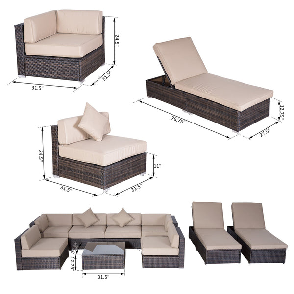 9pc Rattan Patio Lounge Furniture Set - Coffee