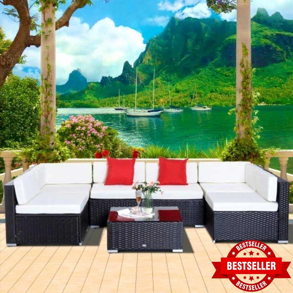 7pc Wicker Patio Furniture Sectional Sofa Set with Cushions - Dark Coffee and Cream