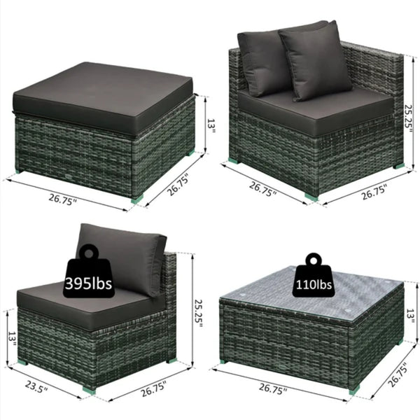 6pc Wicker Rattan Outdoor Sectional Sofa Garden Patio Set - Charcoal & Grey