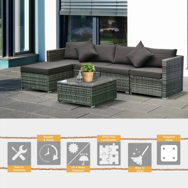 6pc Wicker Rattan Outdoor Sectional Sofa Garden Patio Set - Charcoal & Grey