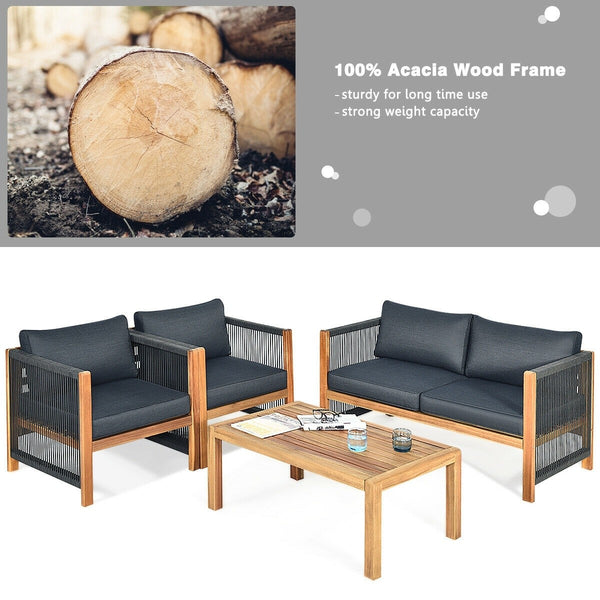 4pc Acacia Wood Outdoor Patio Furniture Set with Cushions - Gray