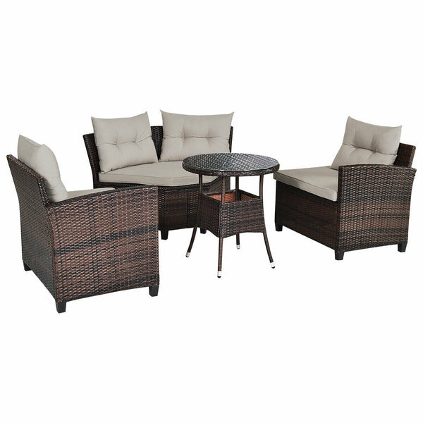4pc Outdoor Cushioned Wicker Rattan Furniture Set - Brown