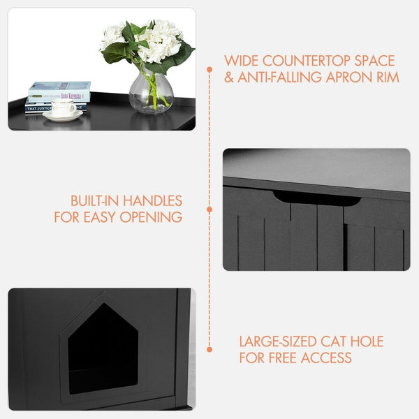 Cat Litter Box Enclosure with Double Doors - Black