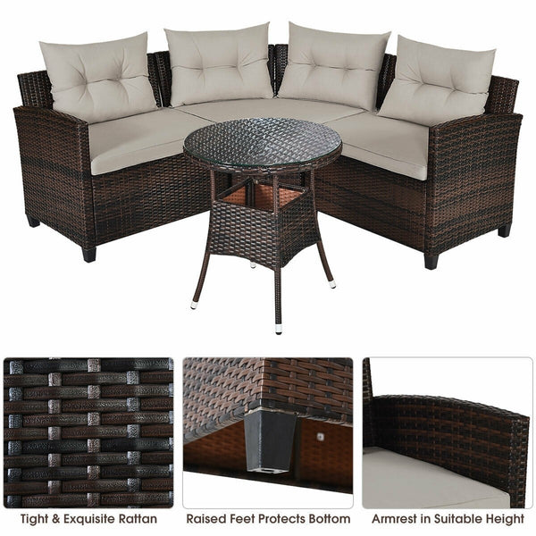 4pc Outdoor Cushioned Wicker Rattan Furniture Set - Brown