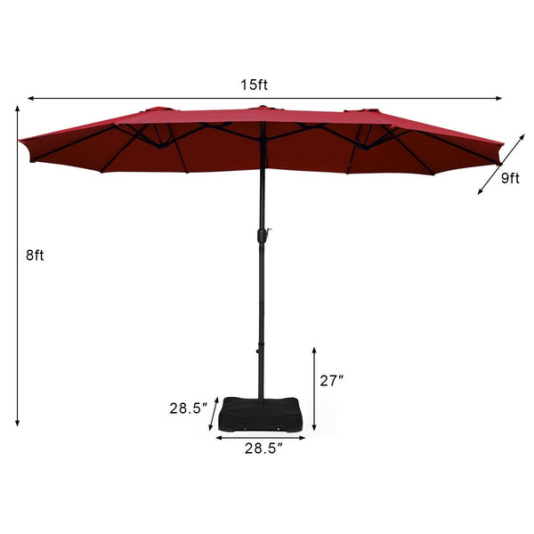 15 Ft. Extra Large Patio Double Sided Umbrella with Crank and Base - Burgundy