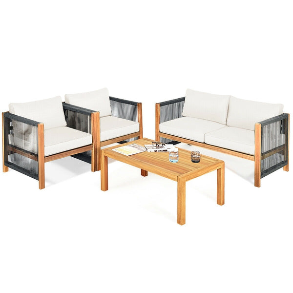 4pc Acacia Wood Outdoor Patio Furniture Set with Cushions - White