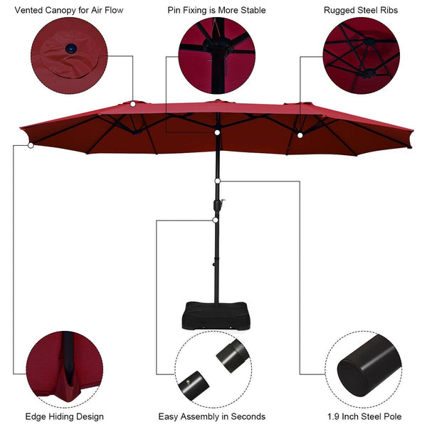 15 Ft. Extra Large Patio Double Sided Umbrella with Crank and Base - Burgundy