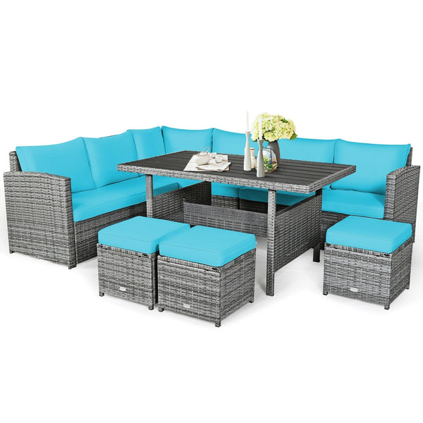 7pc Wicker Rattan Sectional Dining Set with Ottomans - Turquoise