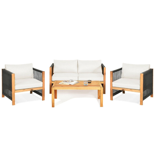 4pc Acacia Wood Outdoor Patio Furniture Set with Cushions - White