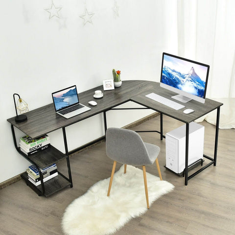 Reversible L Shaped Computer Writing Desk with Shelves - Gray