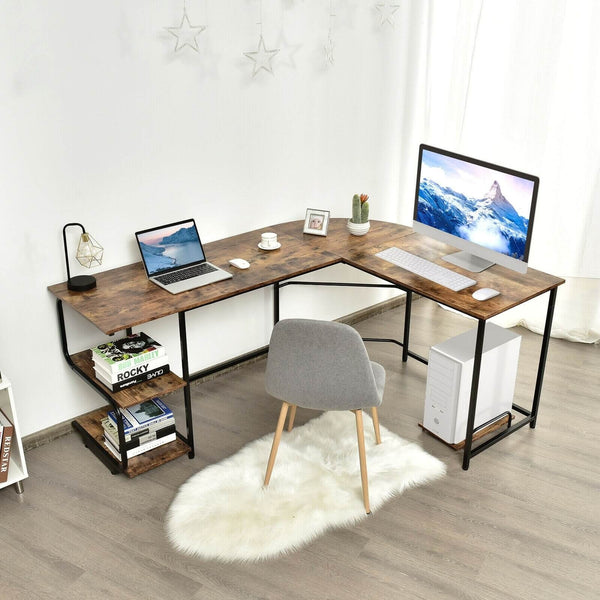 Reversible L Shaped Computer Writing Desk with Shelves - Rustic Brown