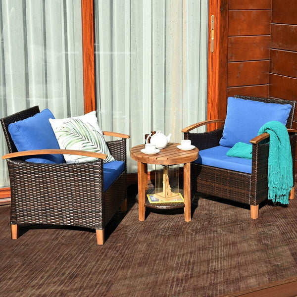 3pc Wicker Rattan Wood Frame Patio Furniture Set - Blue