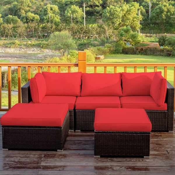 5pc Wicker Rattan Patio Sofa Set with Cushion and Ottoman - Red