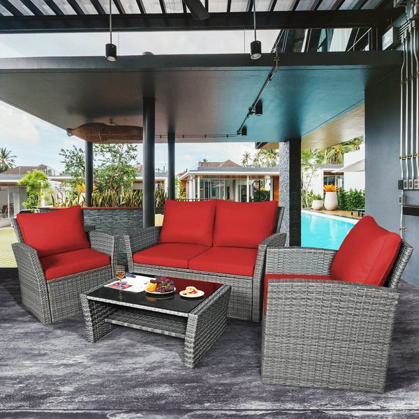 4pc Wicker Rattan Patio Furniture Set with Table - Red