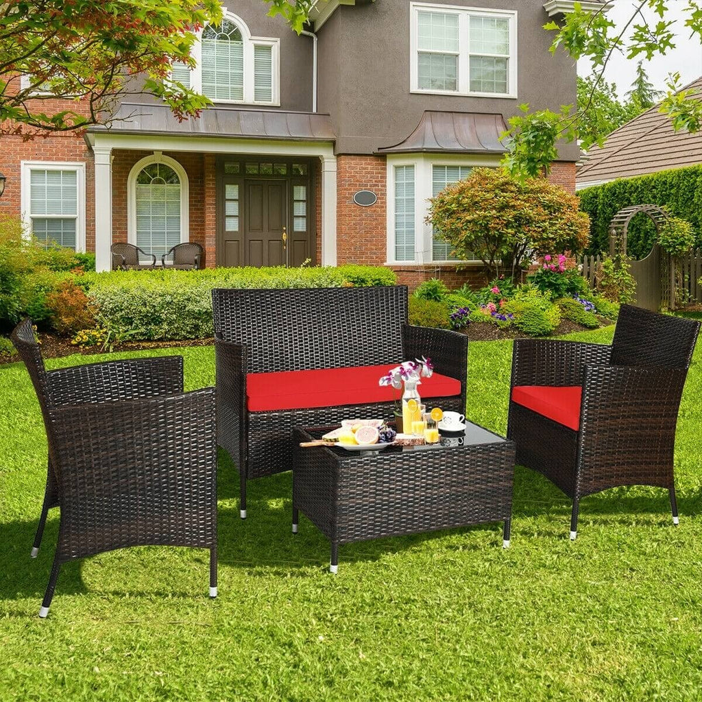 4pc Wicker Rattan Patio Conversation Furniture Set with Glass Table - Red