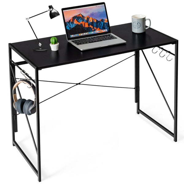 Folding Computer Writing Desk with Hooks - Black