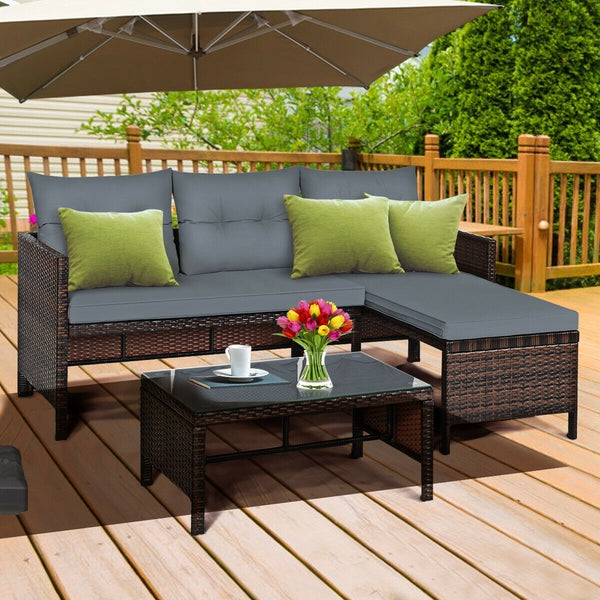 3pc Wicker Rattan Outdoor Patio Sofa Set - Gray