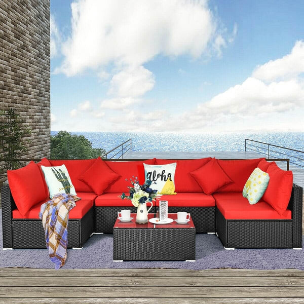 7pc Wicker Rattan Sectional Sofa Set with Cushions - Red